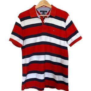 🌹2 for $20🌹  TOMMY HILFIGER Men's Orange Navy White Striped Polo. Size: LARGE